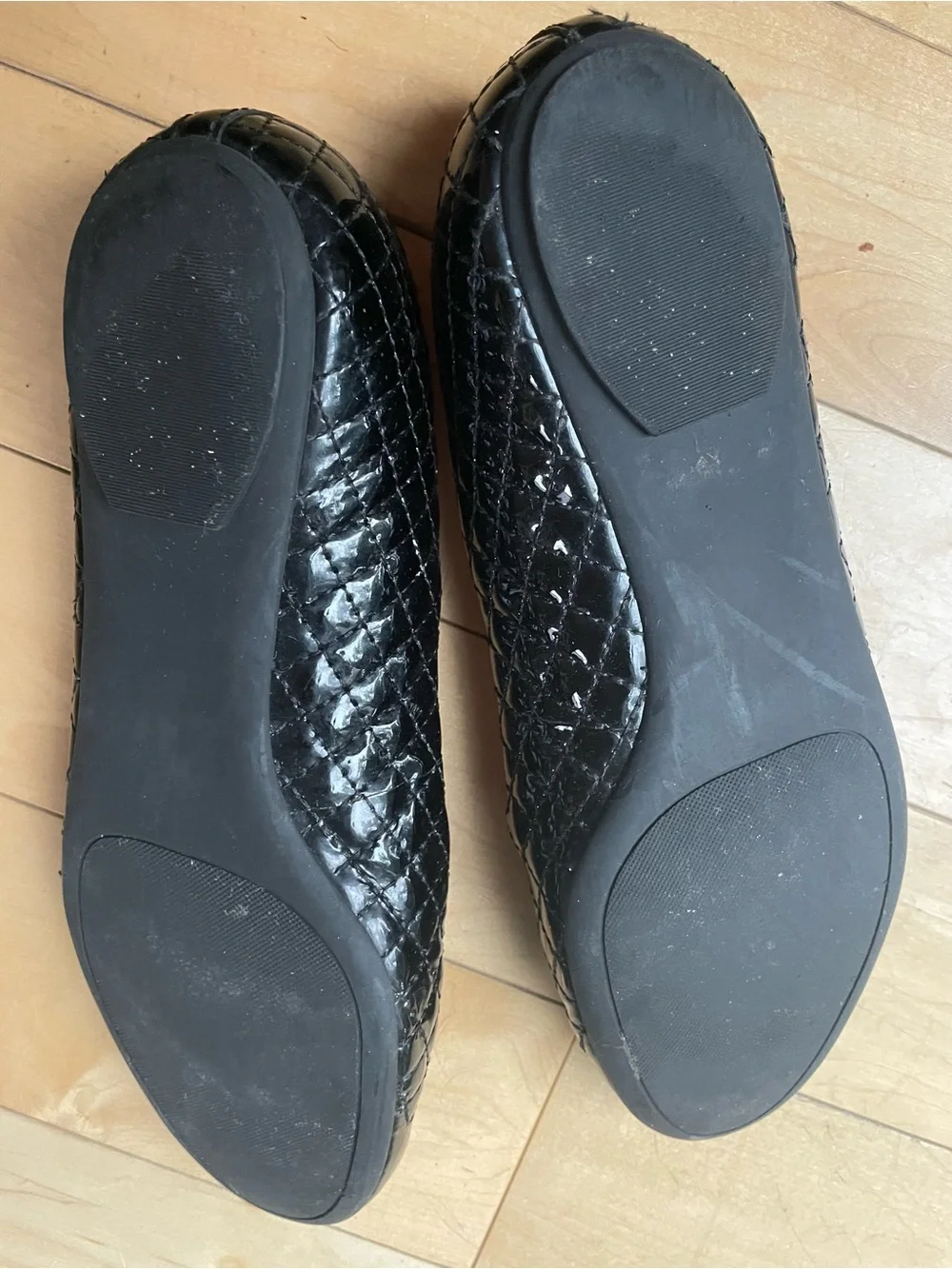 Tory Burch Black Quilted Patent Ballet Flats with Gold Logo